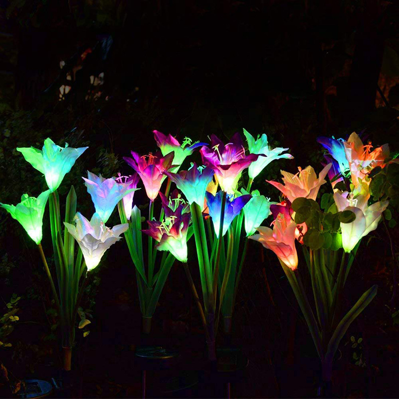 Multi-Color Changing LED Solar Decorative Lights Garden Patio Solar Flower Lights Backyard Outdoor Solar Garden Stake Lights 3 Pack with 12 Lily Flowers 